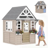 Qaba Outdoor Playhouse, Wooden Kids Playhouse with Dog Door, Cookware, Planter Box, Bell, Blackboard, Clock for Backyard(m-11)