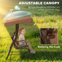 Outsunny Kids Patio Swing, 2-Seater Outdoor Swing Chair with Adjustable Canopy and Safety Belt, Monkey Pattern Hanging Swing Bench for Garden or Backyard, Coffee(m-4)