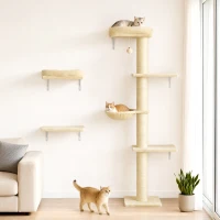PawHut Cat Wall Shelves, 3-in-1 Cat Wall Furniture Set with Scratching Post for Indoor Kittens Climbing Sleeping, Beige(m-10)