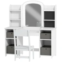 Qaba Kids Vanity Table and Chair, Toddler Dressing Table and Chair Set with Lighted Mirror for Little Girls, White(m-2)