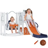 Qaba 6-in-1 Slide and Swing Set Baby Swing Playset Indoor with Basketball Hoop, Climber, Storage Space, Telescope, Orange(m-9)