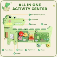 Qaba Busy Board Panels Wall-Mounted Montessori Sensory Toys Sensory Wall MDF 87 x 52 x 5.5 cm Dinosaur, Green(m-4)
