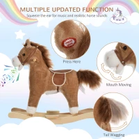 Qaba Rocking Horse Plush Animal on Wooden Rockers, Baby Rocking Chair with Sounds, Moving Mouth, Wagging Tail, Brown(m-6)
