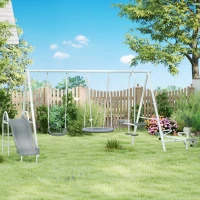 Outsunny 5 in 1 Kids Swing Set for Backyard with Heavy-Duty A-Frame Stand, Saucer Swing, Slide, Seesaw, Glider, Swing Seat, Gray(m-10)