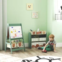 Qaba Kids Toy Organizer and Kids Easel Set with 6 Storage Bins, Paper Roll, Blackboard, Whiteboard, for Ages 3-8 Years, Green(m-2)
