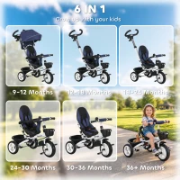 Qaba 6 in 1 Toddler Tricycle with Parent Push Handle, Canopy, Storage Baskets, Cupholder, Dark Blue(m-4)