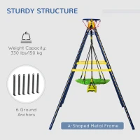 Outsunny Kids Metal Swing Set for Backyard, Outdoor Play Equipment, with Saucer Swing Adjustable Swing Seat, Basket Hoop, Climb Ladder, Net, A-Frame Metal Stand, for 3-10 Years Old, Green(m-7)