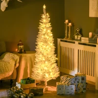HOMCOM 5' Pre Lit Artificial Pencil Christmas Trees, Xmas Tree with Realistic Branches and Warm White LED Lights, White(m-8)