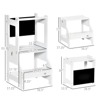 Qaba 2-in-1 Kids Kitchen Helper Step Stool, Detachable Toddler Table and Chair Set, Children Standing Tower for Kitchen Counter with Safety Rail Chalkboard, White(m-3)