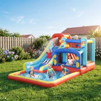 Qaba 14.3 x 8FT Inflatable Bounce House, 4 in 1 Bouncy Castle with Slide, Climbing Wall, Jumping Area, Pool and Blower(m-8)