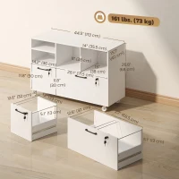 HOMCOM File Cabinet, 2 Drawer Mobile Lateral Filing Cabinet Printer Stand with Lock, Charging Station, Hanging Bars, White(m-3)