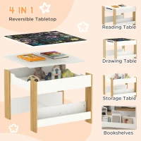 Qaba 3 Piece Kids Table and Chair Set with Reversible Tabletop, Blackboard, Storage, Bookshelf, for Playroom, Nursery Natural(m-4)