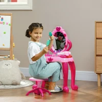 Qaba Kids Vanity Set with Mirror and Stool, Light and Sound, 15 Accessories, Pink(m-2)
