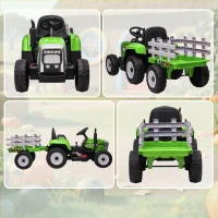 Aosom 12V Kids Ride on Tractor with Trailer, Battery Powered Electric Kids Car with Remote Control, Music Start up Sound and Horn, USB, LED Lights, Green(m-10)