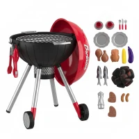 Qaba Kids Kitchen Playset with Sounds, Lights & Realistic Charcoal Effect, 40PCS Pretend BBQ Grill Playset for 3-6 Y, Red(m-11)