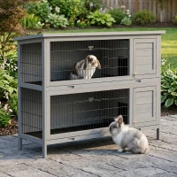 PawHut 54" 2-Story Large Rabbit Hutch Bunny Cage Wooden Pet House Small Animal Habitat Lockable Doors, Tray, Roof, Gray(m-2)