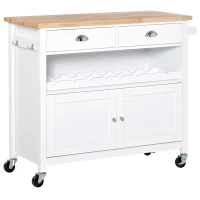 HOMCOM Rolling Kitchen Island Cart, Trolley Cart with Wine Rack, Rubberwood Top, Drawer and Hook, White(m-1)