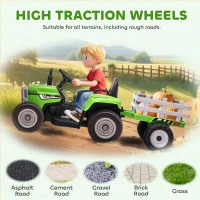 Aosom 12V Kids Ride on Tractor with Trailer, Battery Powered Electric Kids Car with Remote Control, Music Start up Sound and Horn, USB, LED Lights, Green(m-7)