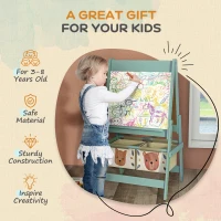 Qaba Kids Toy Organizer and Kids Easel Set with 6 Storage Bins, Paper Roll, Blackboard, Whiteboard, for Ages 3-8 Years, Green(m-6)