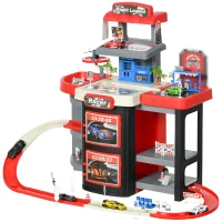 Qaba City Garage Playset with 65 Accessories, 2 in 1 Design Children Trolley, Car Ramp Toy Set with 6 Mini Racer Cars, Gifts for Kids Ages 3-6 Years Old(m-1)