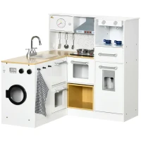 Qaba Kids Wooden Kitchen Playset with Sound Effects and Tons of Countertop Space, Wooden Corner Play Kitchen Set with Washing Machine, Imaginative Toy Pretend Restaurant, Ages 3-6, White(m-11)