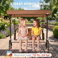 Outsunny Kids Patio Swing, 2-Seater Outdoor Swing Chair with Adjustable Canopy and Safety Belt, Monkey Pattern Hanging Swing Bench for Garden or Backyard, Coffee(m-5)
