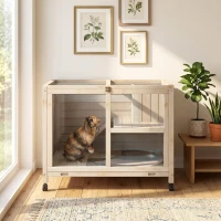 PawHut Rabbit Hutch with Wheels, Desk and Side Table Sized, Wooden Rabbit Cage, Waterproof Small Bunny Cage with Removable Tray, Openable Roof, for Rabbits, Chickens, Ducks, Indoor/Outdoor, Natural(m-8)