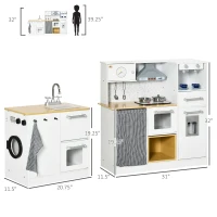 Qaba Kids Wooden Kitchen Playset with Sound Effects and Tons of Countertop Space, Wooden Corner Play Kitchen Set with Washing Machine, Imaginative Toy Pretend Restaurant, Ages 3-6, White(m-3)