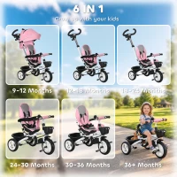 Qaba 6 in 1 Toddler Tricycle with Parent Push Handle, Canopy, Storage Baskets, Cupholder, Pink(m-4)