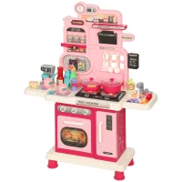 Qaba Kids Kitchen Playset, Play Kitchen with Lights, Sounds, Circulating Water Sink, Storage, 33 PCS for 3-6 Years, Pink(m-1)
