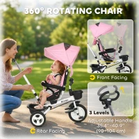 Qaba 6 in 1 Toddler Tricycle with Parent Push Handle, Canopy, Storage Baskets, Cupholder, Pink(m-6)