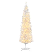 HOMCOM 5' Pre Lit Artificial Pencil Christmas Trees, Xmas Tree with Realistic Branches and Warm White LED Lights, White(m-2)