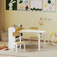 Qaba Kids Table and Chairs Set, Toddler Art Table and Chair Set with Paper Roll, Storage Shelves and Drawers, Natural Wood(m-8)