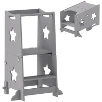 Qaba 2 in 1 Toddler Tower with Safety Rail for Bathroom, Sink, Kitchen or Counter, Gray(m-11)