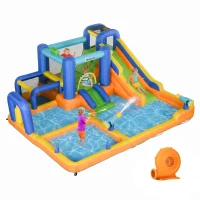 Outsunny 7 in 1 Water Slide w/ Slide Pool Climbing Wall Water Cannon Basketball Hoop Boxing Post Football Stand for 3-8 Years(m-11)