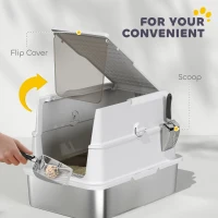 PawHut Extra Large Stainless Steel Cat Litter Box for Big Cats with Flip Cover, High-Sided Enclosure & Scoop(m-8)