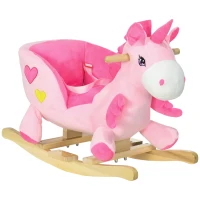 Qaba Baby Rocking Horse, Plush Animal Rocker for Toddlers Aged 18-36 Months, Stuffed Ride Toy with Sounds, Seat Belt, Pink(m-9)
