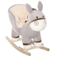 Qaba Kids Rocking Chair, Plush Ride On Rocking Horse Donkey with Sound, Wood Base Seat, Safety Belt, Baby Toddler Rocker Toy for 18 - 36 Months, Gray(m-1)