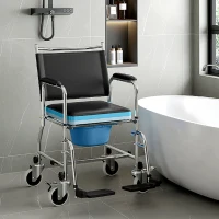 HOMCOM Rolling Shower Chair, Bedside Commode Wheelchair with Padded Seat, Backrest, for Seniors, Disabled, 300 lbs, Gray(m-9)