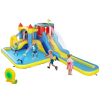 Qaba 6 in 1 Inflatable Water Slide Park with Splash Pools, 2 Slides, Trampoline, Climbing Wall, Cannon, Basketball Hoop(m-11)