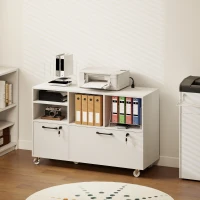 HOMCOM File Cabinet, 2 Drawer Mobile Lateral Filing Cabinet Printer Stand with Lock, Charging Station, Hanging Bars, White(m-1)