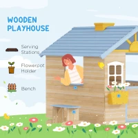 Outsunny Wooden Playhouse for Kids Outdoor Garden with Working Door, Windows, Bench, Service Station, Flowers Pot Holder, Blue(m-5)