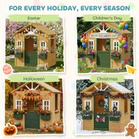 Qaba Outdoor Playhouse, Wooden Kids Playhouse with Door, 3 Windows, 2 Flower Boxes for Garden, Indoor Playroom, Ages 3–8(m-9)