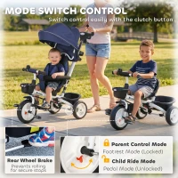 Qaba 6 in 1 Toddler Tricycle with Parent Push Handle, Canopy, Storage Baskets, Cupholder, Dark Blue(m-7)