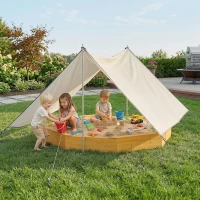 Qaba Wooden Kids Wooden Sandbox with Large Canopy, Outdoor Sand Box with 4 Bench Seats, Bottom Liner for Aged 3-8, Yellow(m-1)