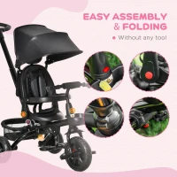 Qaba Kids Tricycle, 5 in 1 Foldable Trike with Reversible Seat, Adjustable Parent Handle, Safety Harness, Wheel Brakes, Removable Canopy, Storage, Tricycle for Toddlers 1-5 Years, Black(m-8)