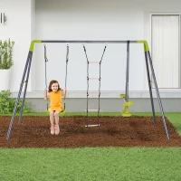 HOMCOM 3 in 1 Kids Metal Swing Set for Backyard with Swing Seat, Glider and Climbing Ladder, Heavy Duty Metal Frame for 4 Children(m-2)