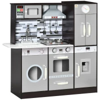 Qaba Wooden Play Kitchen with Lights Sounds, Kids Kitchen Playset with Washing Machine, Water Dispenser, Microwave, Range Hood, Refrigerator, Utensils, Gift for 3-6 Years Old(m-2)