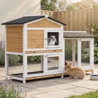 PawHut 62" Rabbit Hutch, Wooden Bunny Hutch, Guinea Pig Cage, Small Animal Enclosure with Run Area, Removable Tray, Asphalt Roof, Lockable Doors and Ramp, for Rabbits, Chickens, Ducks, Nature Wood(m-2)