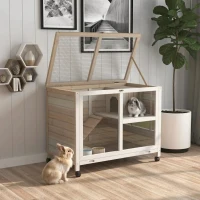 PawHut Rabbit Hutch with Wheels, Desk and Side Table Sized, Wooden Rabbit Cage, Waterproof Small Bunny Cage with Removable Tray, Openable Roof, for Rabbits, Chickens, Ducks, Indoor/Outdoor, Natural(m-11)